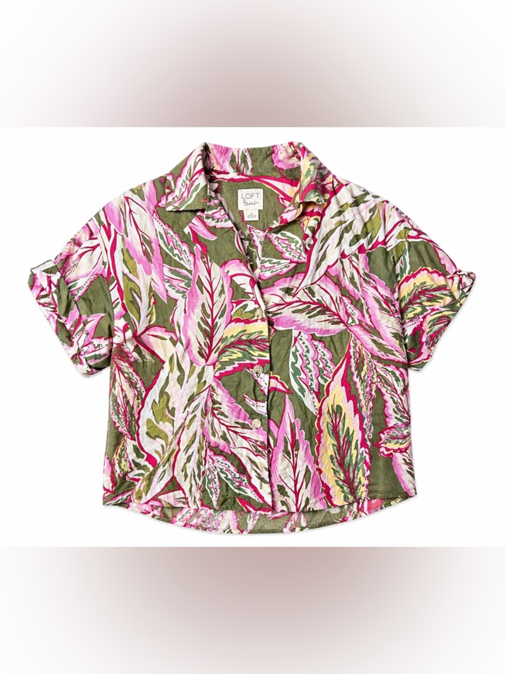 LOFT Beach Linen Tropical Button Up Shirt Pink Green Resort Coastal-Petite L